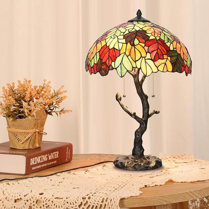 TL0032 Maple Leaves Tiffany Table Lamp Bedside Stained Glass Shade Reading Desk Light 16 X 24.25 Inches for Bedroom Living Room Home Office, LED Blubs Included (TL0032 Maple Leaves)