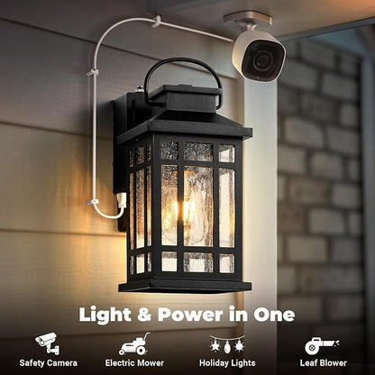 Exterior Lighting Fixtures with GFCI Outlet, Black Dusk to Dawn Outdoor Lights with Bubble Glass, Anti-Rust Outside Wall Sconce Lantern for Garage Coach, Patio Wall Light Fixture with Outlet