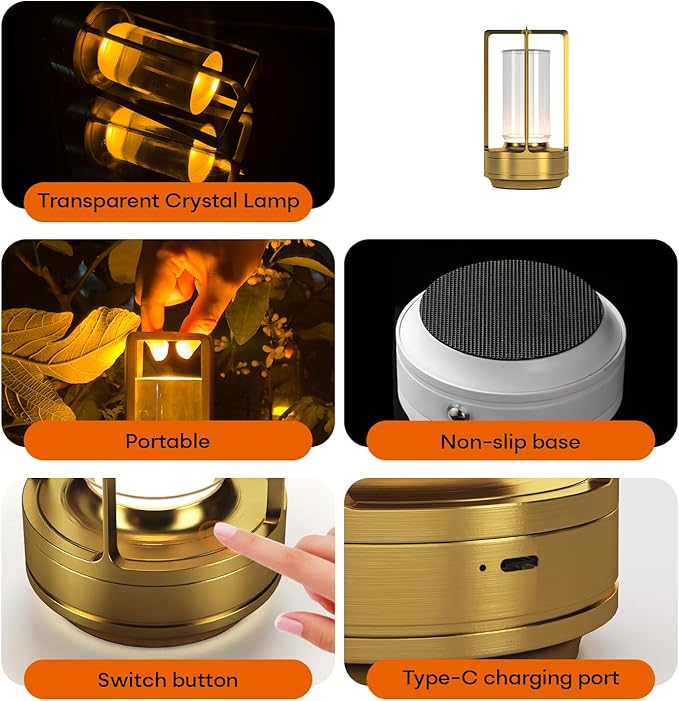 Portable Table Lamp for Indoor/Outdoor, Rechargeable Cordless Desk Lamp with Touch Sensor, 3 Way Dimmable Suitable for Bars/Cafes/Restaurants/Bedrooms/Camping Sites (Gold)