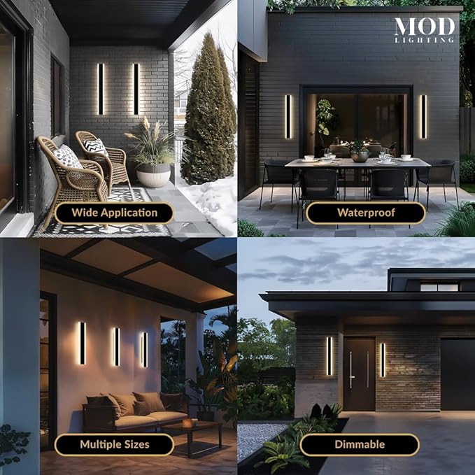 𝗠𝗢𝗗 𝗟𝗜𝗚𝗛𝗧𝗜𝗡𝗚 Haylen | Waterproof Outdoor Wall Light, LED Dimmable with Remote 3000K-6000K, Long Outdoor Porch Lights, Wired Lighting Fixture, Patio Exterior Wall Sconce, 2-Pack (Black, 24")