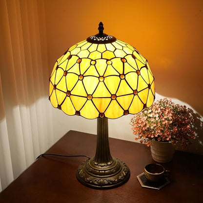 Tiffany Lamp Vintage Bead Orange Table Lamps Bedside for Bedroom Dector Stained Glass Lamps Living Room end Office Kitchen Hotel Bar Farmhouse 12 Inch Aesthetic Nightstand 70s 80s Reading Desk Light