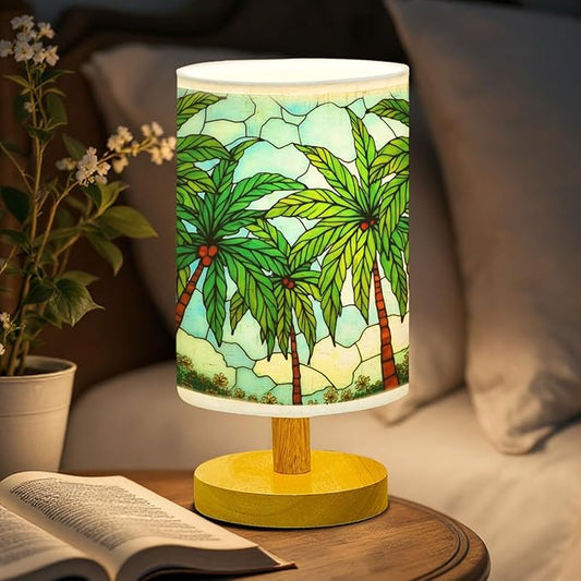 Hawaiian Palm Table Lamp LED 3-Color Pressed Bedside, Hawaiian Palm Shade Lamp with Wood Base for Bedroom Living Room Desk Office