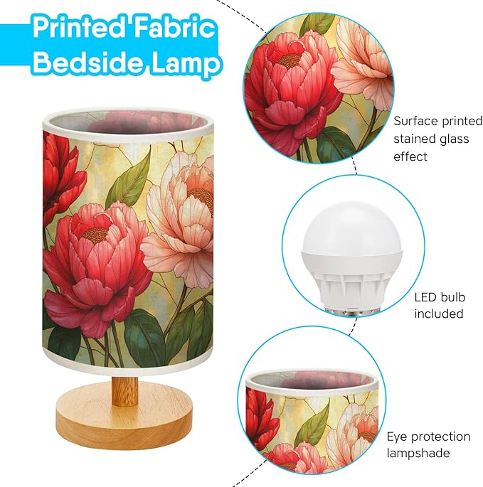 Peonies Table Lamp LED 3-Color Pressed Bedside, Peonies Shade Lamp with Wood Base for Bedroom Living Room Desk Office