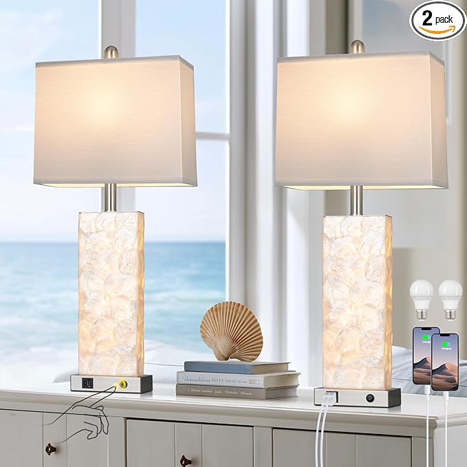28" Coastal Table Lamps for Living Room Set of 2, Bedside Lamps with Night Light, USB A+C Ports, Modern Sea Shell Bedside Night Stands Light for Beachy Cottage Decor (Silver)