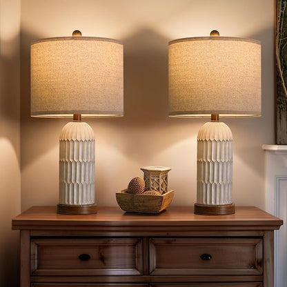 OYEARS 22.5" Table Lamp for Living Room,Retro Farmhouse Lamps for Nightstands Boho Bedroom Lamps Set of 2,with USB A+C Charging Ports,Beige and Brown