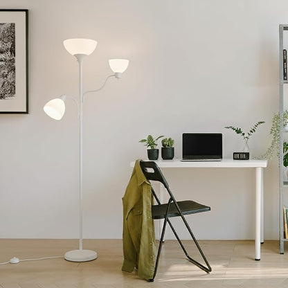 Brightech Sky Dome Double – High Brightness Torchiere Floor Lamp with 2 Reading Lights for Living Rooms, Bedrooms – Replace Halogen Standing Lamps with Efficient LED Office Lighting - Tall White Pole