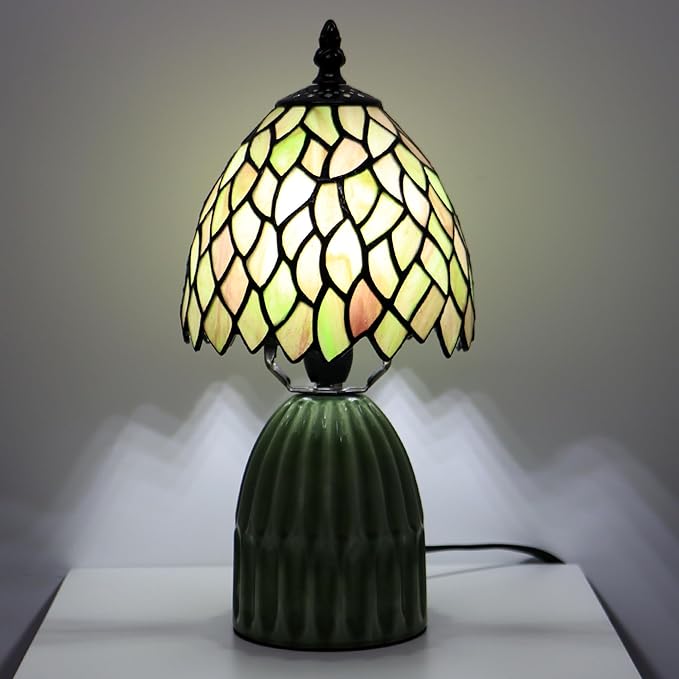 Tiffany Lamp Stained Glass Mushroom Table Lamps 6X6X12.5 Inch Brownish Green Leafage Style Small Night Light Ceramic Base Mini Accent Desk Light Suitable for Bedside Table Bedroom Children Room