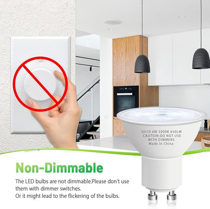 GU10 Led Bulb 6W Equivalent 50W, MR16 Led Bulb 5000K Daylight White Led Bulbs, 650 Lumens, Non-Dimmable, GU10 Base, 2 Prong Track Energy Saving Light Bulbs for Kitchen, Living Room, Bedroom, 20 Pack