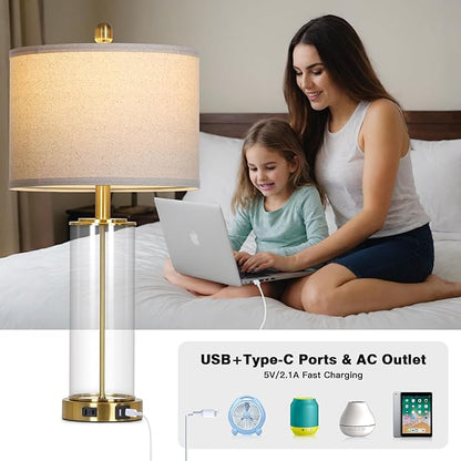 26" Gold Glass Table Lamps Set of 2, 3-Way Dimmable Touch Control Living Room Lamp with USB C+A Ports & AC Outlet, Modern Bedside Lamps, Elegant Bedroom Lamps for Nightstand Side End Table Desk