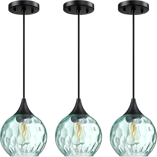 6.3" Hammer Green Glass Pendant Light 3 Pack Pendant Ceiling Light Fixtures Black Finish Modern Farmhouse Dinning Over Sink Adjustable Height Cord