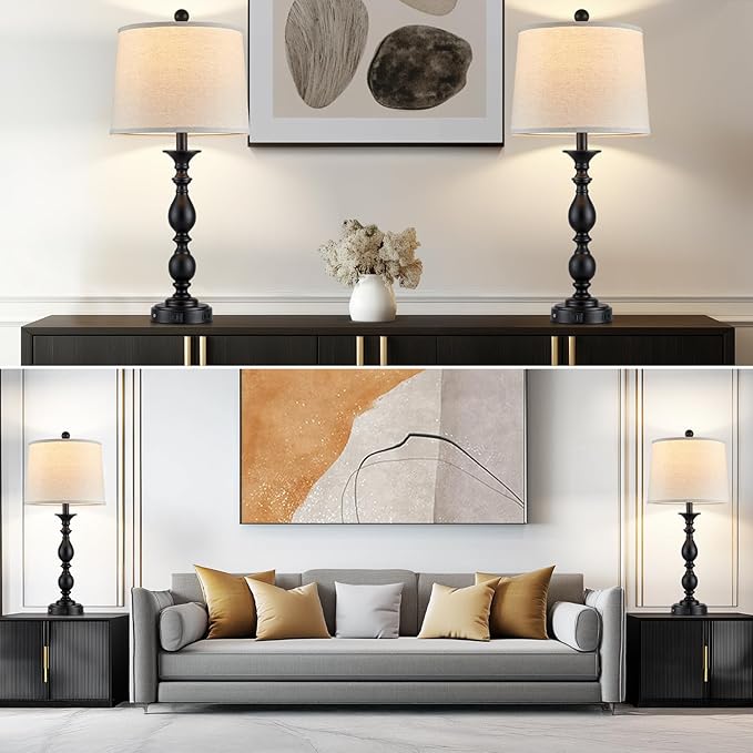 28" Black Modern Table Lamps Set of 2 with USB C+A Ports and AC Outlet, 3 Way Touch Control Tall Bedside Lamps for Bedroom, Metal Farmhouse Nightstand Lamps for Living Room