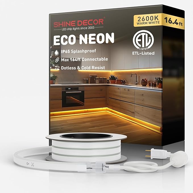 Shine Decor LED Rope Lights AC 120V, Connectable & Cuttable Dotless 120LEDs/M Eco Neon Strip Lighting, ETL IP65 Waterproof & Weather-Resistant for Home Commercial, 8x16mm, 2600K Warm White, 16.4FT