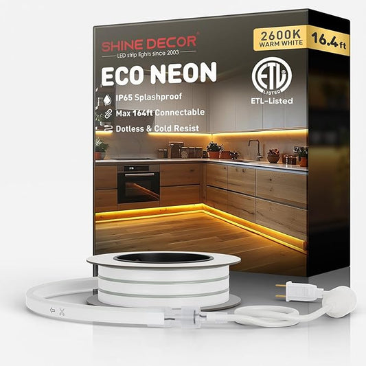 Shine Decor LED Rope Lights AC 120V, Connectable & Cuttable Dotless 120LEDs/M Eco Neon Strip Lighting, ETL IP65 Waterproof & Weather-Resistant for Home Commercial, 8x16mm, 2600K Warm White, 16.4FT