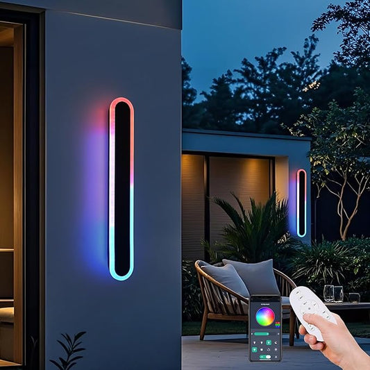 TODOLUZ 2-Pack 32-Inch RGB Outdoor Wall Light Fixture, IP65 Waterproof 21W Dimmable LED Linear Exterior Wall-Mounted Lamp with Remote Control for Gaming Room Garage Porch