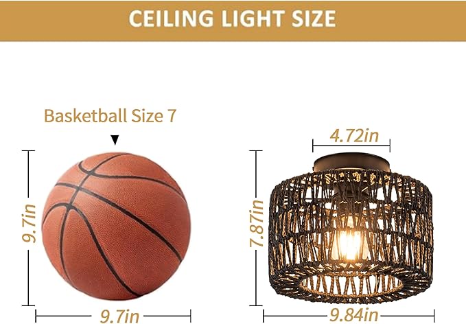 Rattan Ceiling Light, 1 Light Farmhouse Woven Flush Mount Ceiling Light, Boho Light Fixture for Bedroom Living Room Hallway Entryway, Black Finish