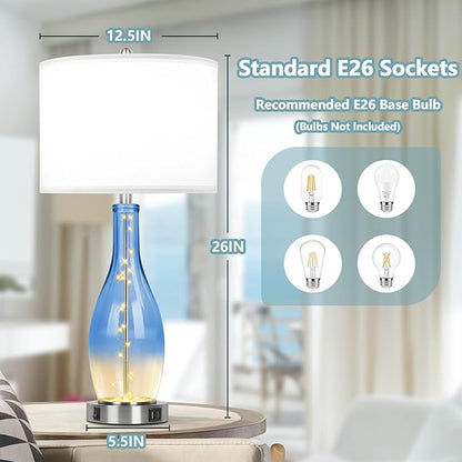 BesLowe 26in Tall Glass Table Lamps Set of 2 with 2 USB Charging Ports & LED Nightlight, Large Coastal Table Lamps for Living Room End Table, Modern Beach Lamps for Bedroom Bedside Nightstand, Blue