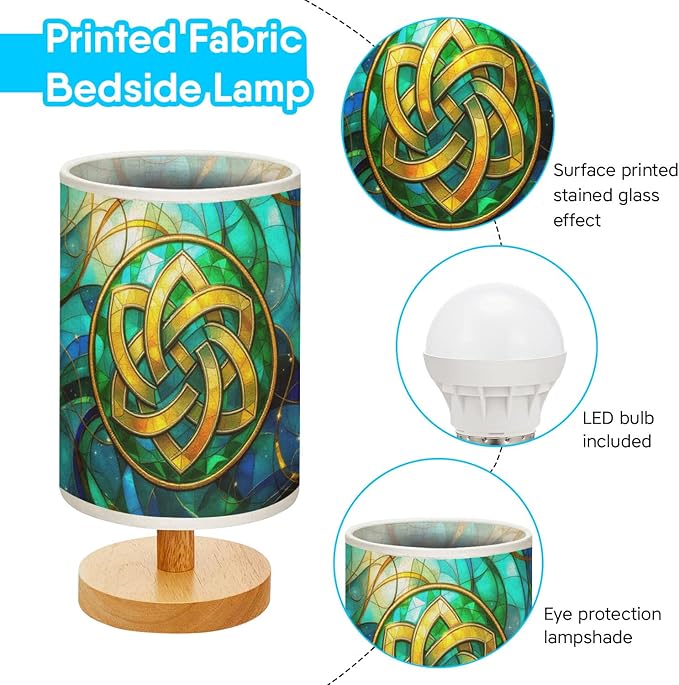 Celtic Knot Table Lamp LED 3-Color Pressed Bedside, Celtic Knot Shade Lamp with Wood Base for Bedroom Living Room Desk Office TL01