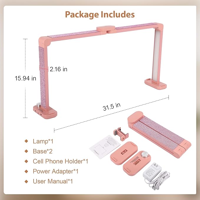 FAHKNS Large Half-Moon Light for Nail Desk, 34IN Foldable LED Lamp with Phone Holder, 3000-6000K Color Temperature, Stepless Brightness Adjustment, Nail Art, Tattooing, Pink with Diamonds