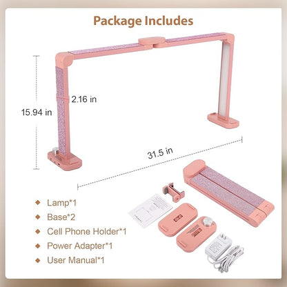 FAHKNS Large Half-Moon Light for Nail Desk, 34IN Foldable LED Lamp with Phone Holder, 3000-6000K Color Temperature, Stepless Brightness Adjustment, Nail Art, Tattooing, Pink with Diamonds