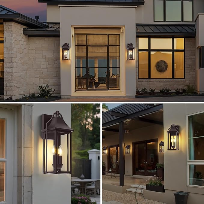 𝟏𝟖𝑰𝑵 Outdoor Wall Sconce Fixtures, Dusk to Dawn Patio Lights Waterproof Exterior Lanterns, 2-Light Modern Wall Light Mounted with Glass, Oil Rubbed Bronze Outside Lights for House Front Door Decor