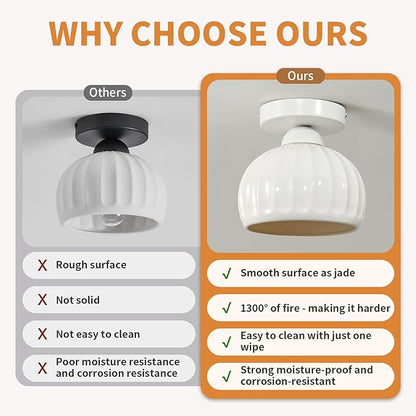 White Semi Flush Mount Ceiling Light - 2 Pack, Glaze Ceramic Vintage Hallway Light Fixtures, Milk White Globe Ceiling Lights, Mid Century Small Light Fixture for Cottage Entryway Laundry Room Foyer
