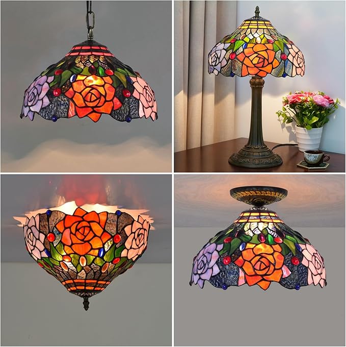 Tiffany Style Lamp Shade, 12 Inch Black Roses Stained Glass Lamp Shade Replacement Vintage Lamp Cover Accessories Fit for Table Lamp Pendant Light Ceiling Light