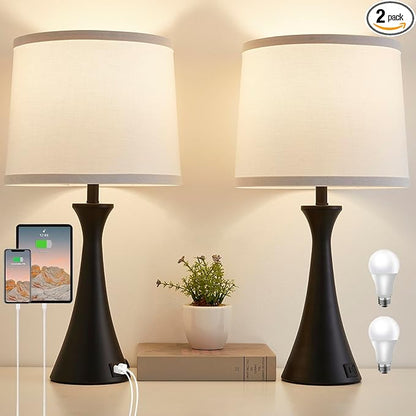 Touch Lamp for Living Room Bedroom, 21" Table Lamps Set of 2 with USB C+A Ports and White Lamp Shades, Touch Bedside Lamps for Nightstand with 3 Way Dimmable, 2 LED Bulbs Included