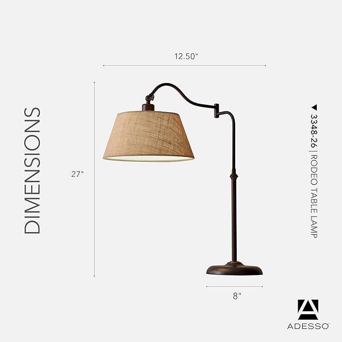 Adesso Rodeo Table Lamp with 180 Degree Adjustable Arm and Shade, Antique Bronze and Burlap, 27” Height, Versatile Bedside Table or Desk Lamp