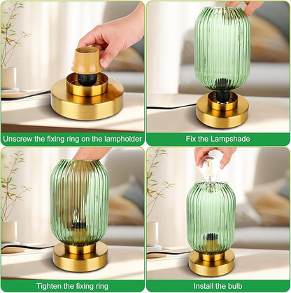 Mid Century Modern Table Lamp, Touch Control & 3 Way Dimmable, Green Ribbed Glass Shade, Small Gold, Vintage Bedside Lamp for Bedroom, Living Room,Office (Bulb Included)