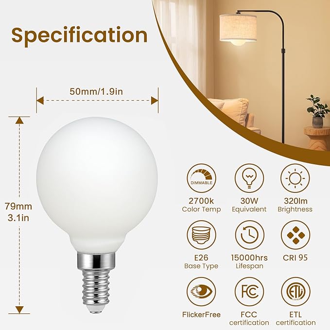 Liii&ARTMAN LED Light Globe G16.5 Dim-to-Warm 2000-2800K E12 5W Matt Porcelain White Soft Glow CRI97 350LM, (4-Pack)