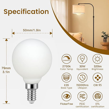 Liii&ARTMAN LED Light Globe G16.5 Dim-to-Warm 2000-2800K E12 5W Matt Porcelain White Soft Glow CRI97 350LM, (4-Pack)