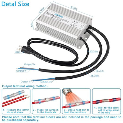 LED Driver 12V500W Waterproof Power Supply 110V/130V AC to 12V DC 41.6A Low Voltage Switching Power Supply IP67 Underwater Lighting LED Light Module Waterproof Transformer