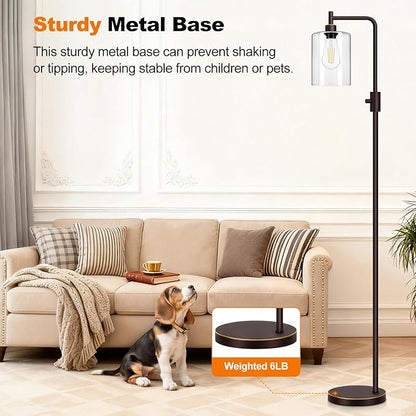 【Upgraded】Dimmable Floor Lamp for Living Room with Glass Lampshade, Brown and Gold Modern Floor Lamp with 900LM LED Bulb Included, Bright Standing Tall Lamp for Bedroom, Office, Reading Room, Corner