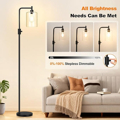 【Upgraded】Dimmable Floor Lamp for Living Room with Glass Shade, Black Modern Industrial Floor Lamp with 900LM LED Bulb Included, Bright Standing Tall Lamp for Bedroom, Office, Reading Room, Corner