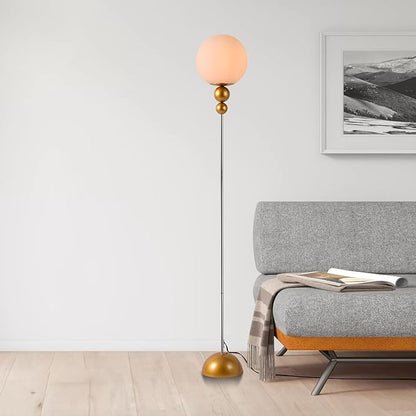 Modern Glass Floor Lamp for Bedroom, 63'' Vintage Mid-Century Floor Lamp with Milky White Frosted Glass Globe Shade for Living Room Corner, Slim Standing Reading Lamp for Office Decor (Gold)