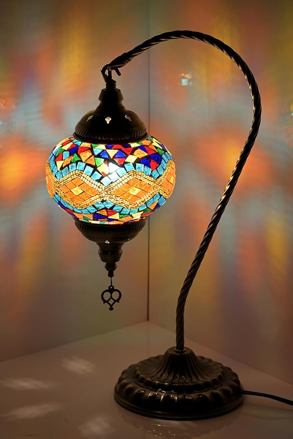 Swan Neck Turkish Moroccan Lamp Handmade Stained Mosaic Glass Vintage Lamp Shade Bohemian Tiffany Style Bedside Night Lamp Lighting for Bedroom Living Room (Colorful)