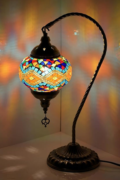 Swan Neck Turkish Moroccan Lamp Handmade Stained Mosaic Glass Vintage Lamp Shade Bohemian Tiffany Style Bedside Night Lamp Lighting for Bedroom Living Room (Colorful)