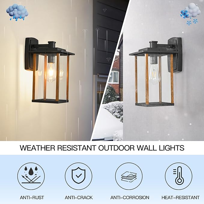 Outdoor Wall Sconce, Large Exterior Wall Lighting, LED Outdoor Porch Wall Light Fixtures with Clear Glass for Outside, Garge, Patio, Wood Grain Finish & Matte Black Finish