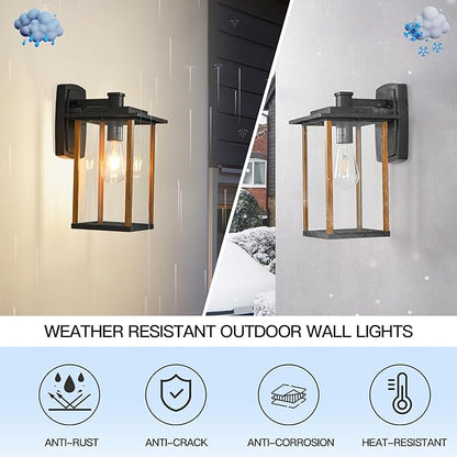 Outdoor Wall Sconce, Large Exterior Wall Lighting, LED Outdoor Porch Wall Light Fixtures with Clear Glass for Outside, Garge, Patio, Wood Grain Finish & Matte Black Finish