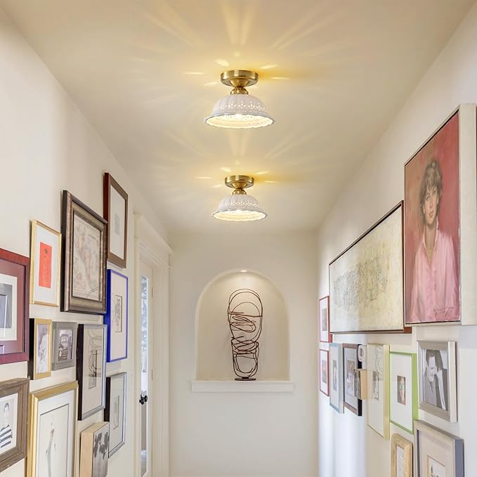 Vintage Ceramic Semi Flush Mount Ceiling Light - 2 Pack, Gold Hallway Light Fixture, Mid Century Small Close to Ceiling Lamp，Unique Flush Lighting Fixtures for Entryway Laundry Room Kitchen Cottage
