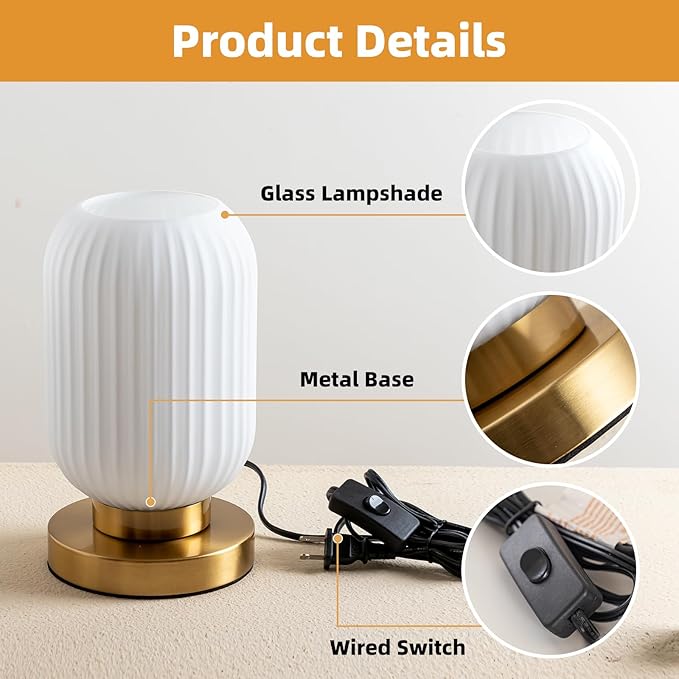 Bedside Table Lamp with Glass Shade, Small Nightlight Lamp Elegant Milky White Glass Nightstand Lamp Modern Desk Lamp with Plug-in Style for Bedroom Living Room Tabletop Dia5.9"x H9.8"