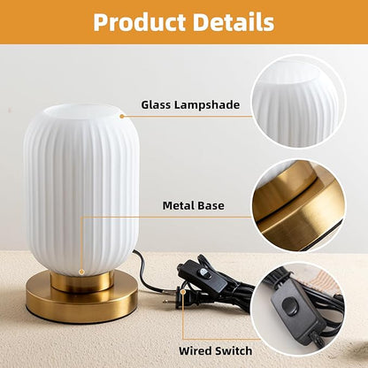 Bedside Table Lamp with Glass Shade, Small Nightlight Lamp Elegant Milky White Glass Nightstand Lamp Modern Desk Lamp with Plug-in Style for Bedroom Living Room Tabletop Dia5.9"x H9.8"