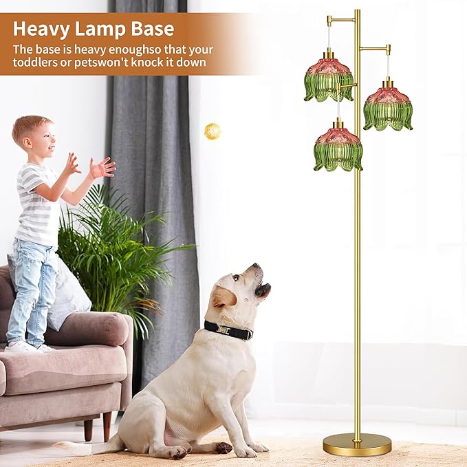 Glass Gold Floor Lamp for Living Room,Bedroom,Mid Century Modern Standing Lamp Brass Tree 3 Light Tall Floor Lamps Vintage Retro Floor Lights Green Flower Lamp Shade Farmhouse Boho Bohemian