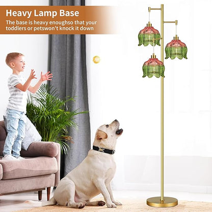 Glass Gold Floor Lamp for Living Room,Bedroom,Mid Century Modern Standing Lamp Brass Tree 3 Light Tall Floor Lamps Vintage Retro Floor Lights Green Flower Lamp Shade Farmhouse Boho Bohemian