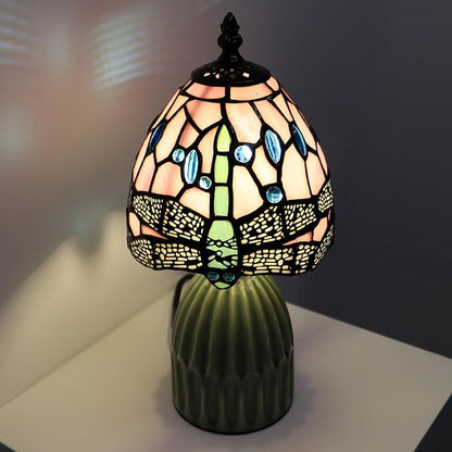 Stained Glass Mushroom Table Lamps 6X6X12.5 Inch Pink Dragonfly Style Small Night Light Ceramic Base Mini Accent Desk Light Suitable for Bedside Table Bedroom Children Room