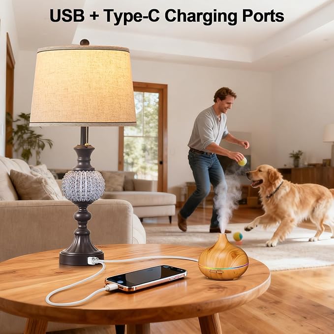 28" Set of 2 Farmhouse Table Lamps for Living Room, Rustic Nightstand Lamp with USB +C Charging Ports and Crystal Balls Decor for Bedroom End Tables Entryway (Included 2 Bulbs)