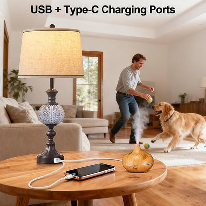 28" Set of 2 Farmhouse Table Lamps for Living Room, Rustic Nightstand Lamp with USB +C Charging Ports and Crystal Balls Decor for Bedroom End Tables Entryway (Included 2 Bulbs)