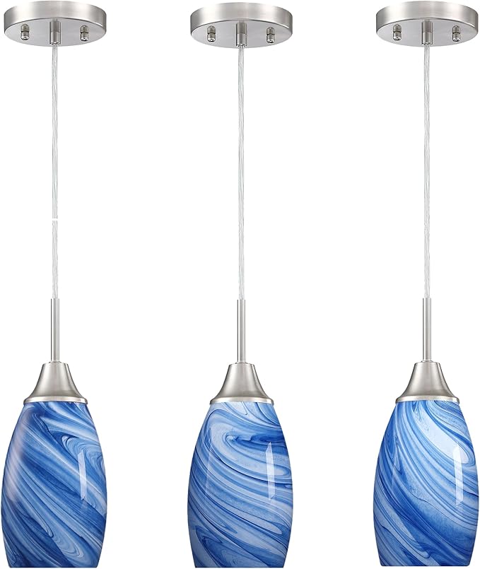 Glass Pendant Light with Handblown Dark Blue Marble Art Glass Shade Ceiling Light 3-Pack Mini Hanging Pendant Light for Kitchen Island,Dining Room,Living,Foyer,Hallway