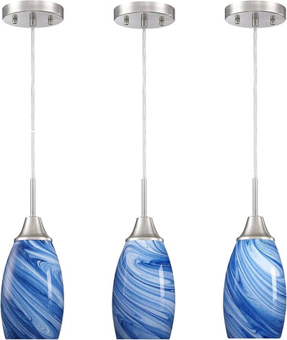 Glass Pendant Light with Handblown Dark Blue Marble Art Glass Shade Ceiling Light 3-Pack Mini Hanging Pendant Light for Kitchen Island,Dining Room,Living,Foyer,Hallway