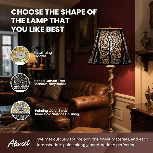 Etched Forest Metal Lampshade Rectangle Lamp Shade Fitter Floor Lamp Shade, ALUCSET Large Metal Lampshade for Living Room Bedroom Top Diameter (8+6)", Bottom Diameter (13.9+8)", Height 11"